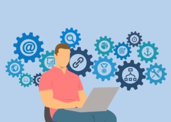 Dibujo de hombre trabajando con recursos online