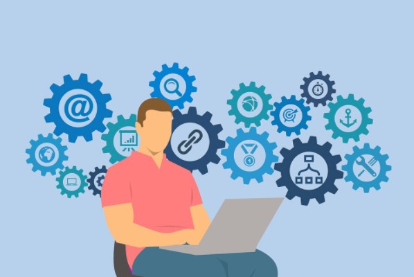 Dibujo de hombre trabajando con recursos online