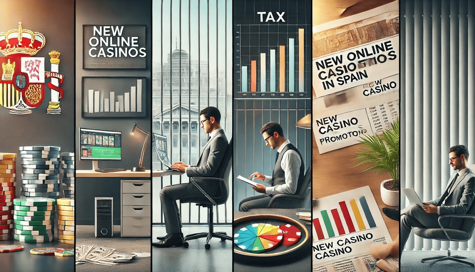 Representación de los beneficios de los nuevos casinos online en España, como empleo, ingresos fiscales y mejoras para los usuarios.